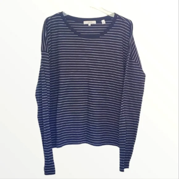 Vince Navy Blue Cotton Knit Striped Crew Neck Boxy Cut Long Sleeve T-Shirt S - Picture 1 of 12